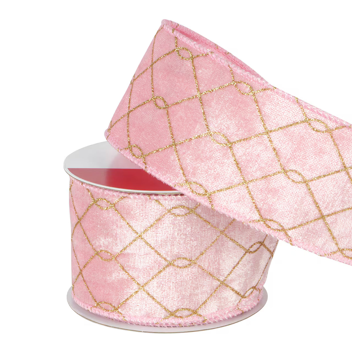 Pink Velvet And Gold Glitter Wired Ribbon - 2.5