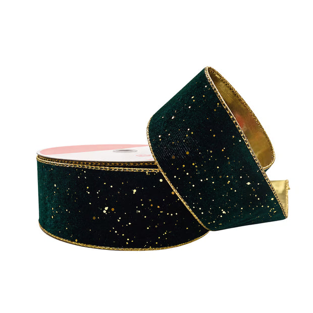 Green Velvet And Gold Glitter Wired Ribbon - 2.5"