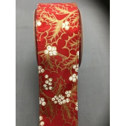 Red Organza Wired Ribbon with White & Gold Berries and Holly - 2.5"
