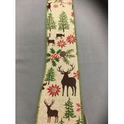 Reindeer and Poinsettia Wired Burlap Ribbon - 2.5"