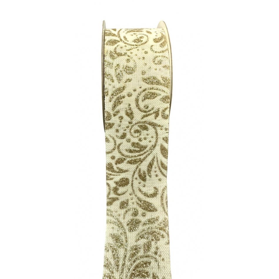 Faux Linen Ribbon with Gold Glitter Vines - 1.5