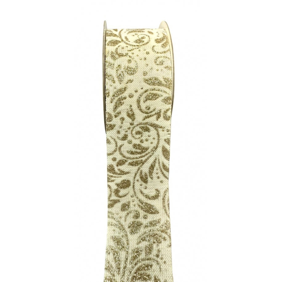 Faux Linen Ribbon with Gold Glitter Vines - 1.5"