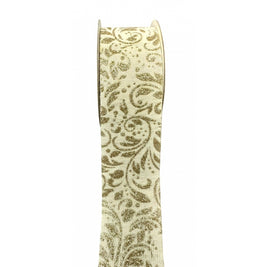 Faux Linen Ribbon with Gold Glitter Vines - 1.5