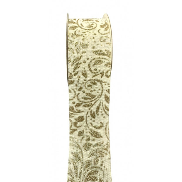 Faux Linen Ribbon with Gold Glitter Vines - 1.5"