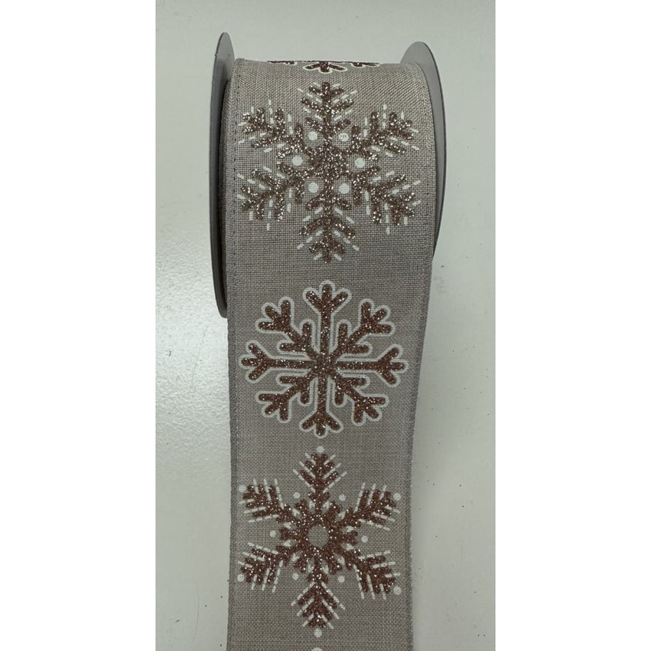 Faux Linen Ribbon with Gold Glitter Snowflakes - 2.5"
