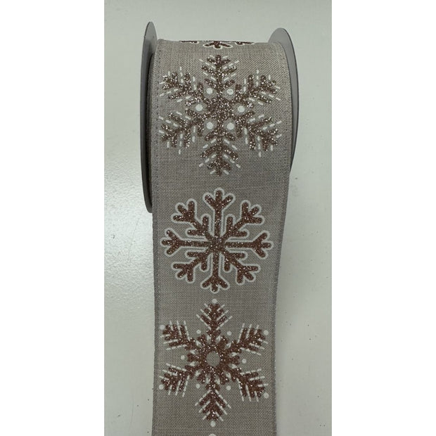 Faux Linen Ribbon with Gold Glitter Snowflakes - 2.5"