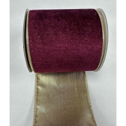Burgundy Velvet Ribbon with Gold Wired Edge - 4"