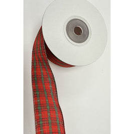 Plaid Wired Ribbon with 3 Green Stripes - 1.5