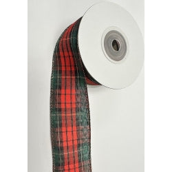 Plaid Wired Ribbon with 1 Large Green Stripes - 1.5