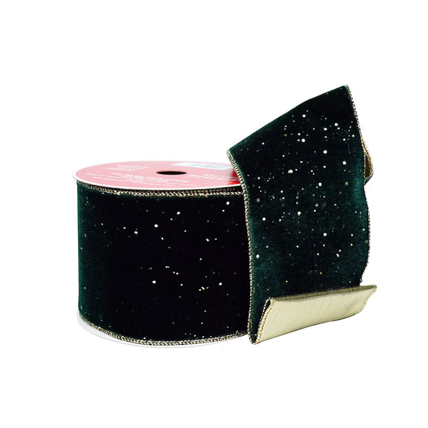 Green Velvet And Gold Glitter Wired Ribbon - 3.5"