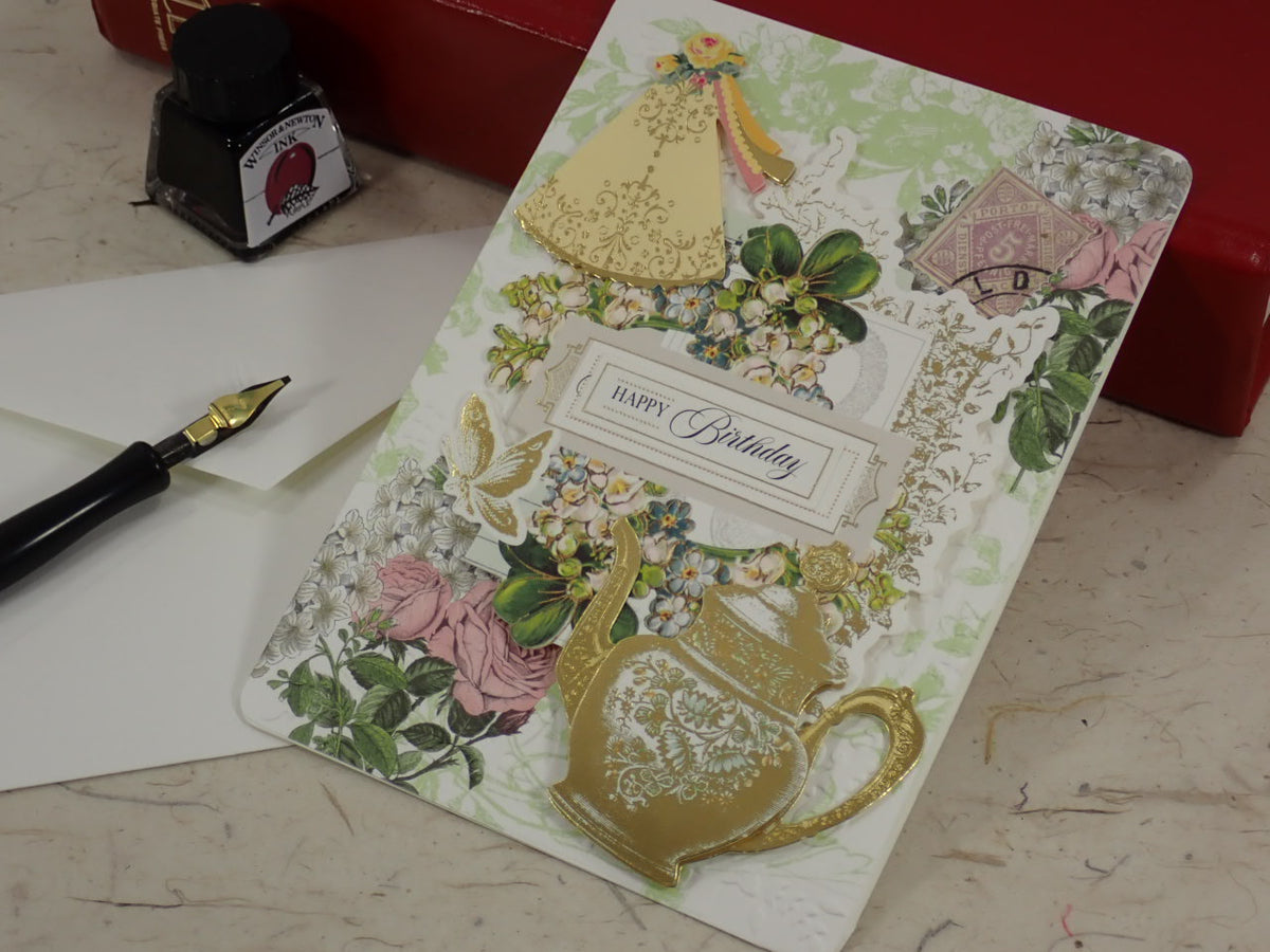 Handcrafted Birthday Greeting Card. Victorian Style. Has A golden teapot with pink roses.