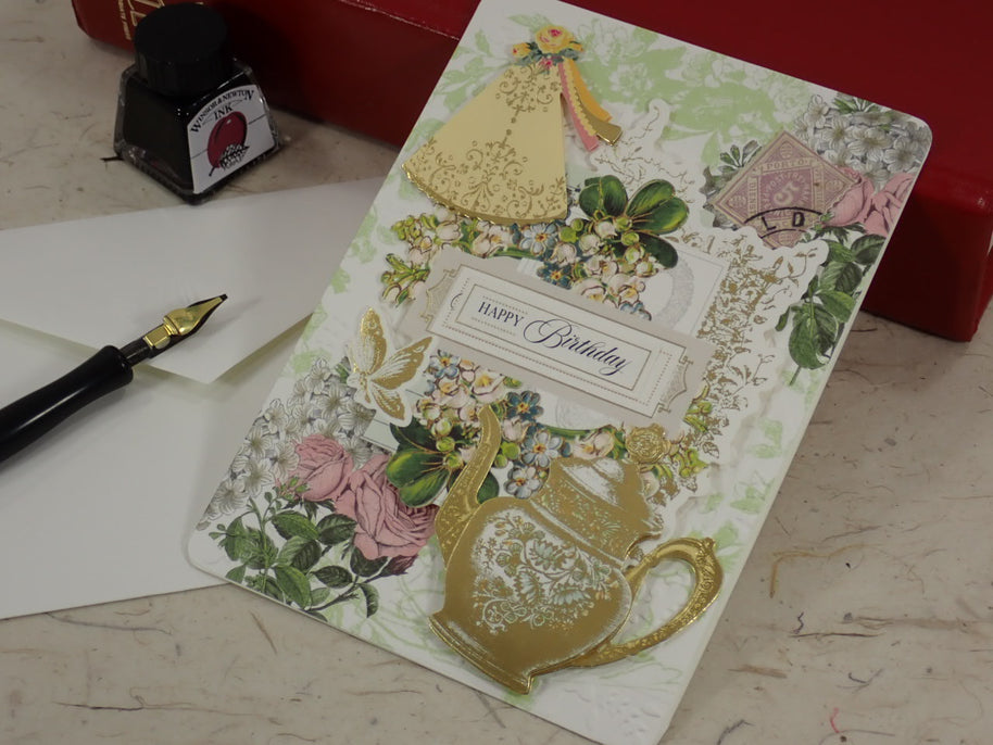 Handcrafted Birthday Greeting Card. Victorian Style. Has A golden teapot with pink roses.