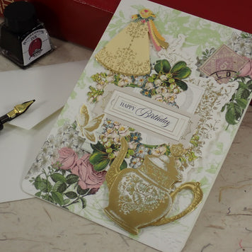 Handcrafted Birthday Greeting Card. Victorian Style. Has A golden teapot with pink roses.