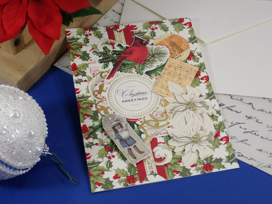 A handcrafted, vintage, Christmas Greeting Card with a Red Cardinal.