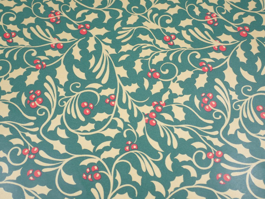 Green Christmas Paper with Gold Holly and Red Berries