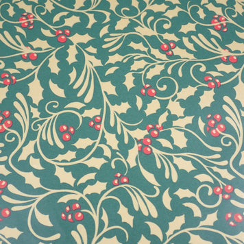 Green Christmas Paper with Gold Holly and Red Berries