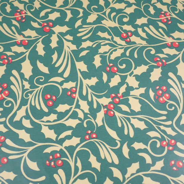 Green Christmas Paper with Gold Holly and Red Berries