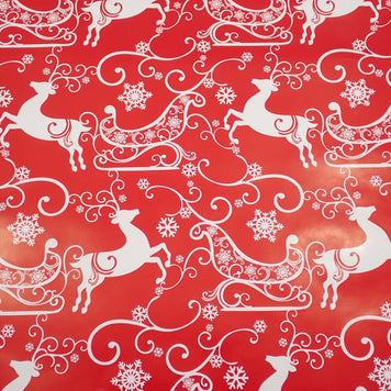Red Christmas Paper with White Reindeer and Sleighs