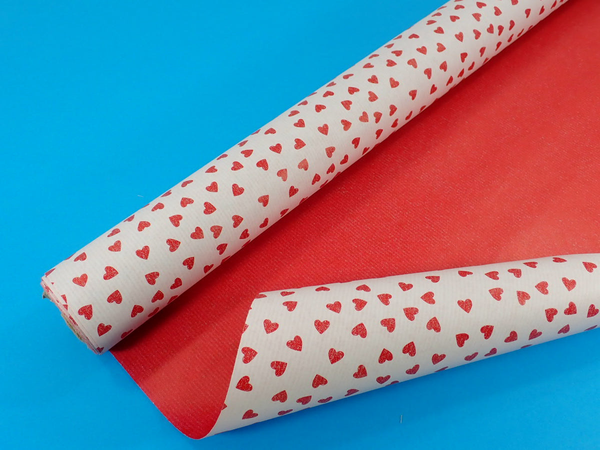 Papier cadeau kraft, double face, rouge et cœurs