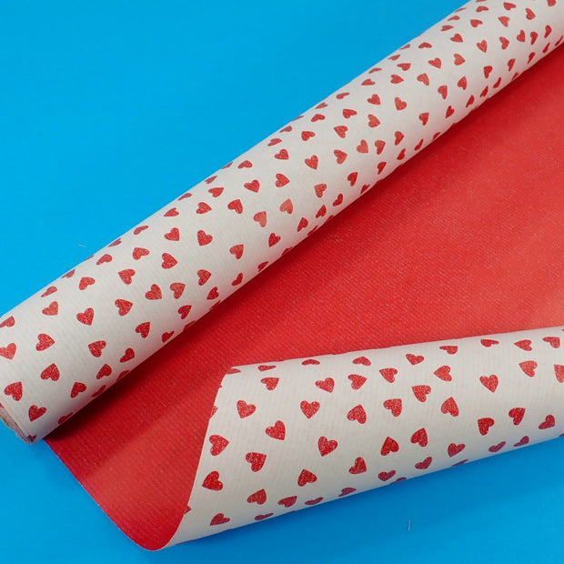 Kraft Paper Gift Wrap, Double Sided, Red & Hearts
