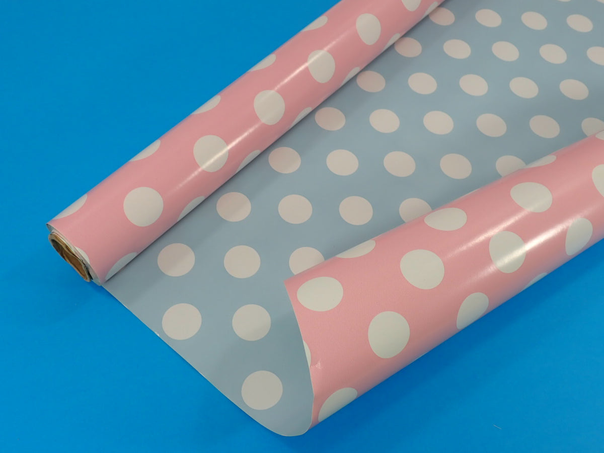 Papier cadeau brillant, double face, rose ou bleu à pois blancs