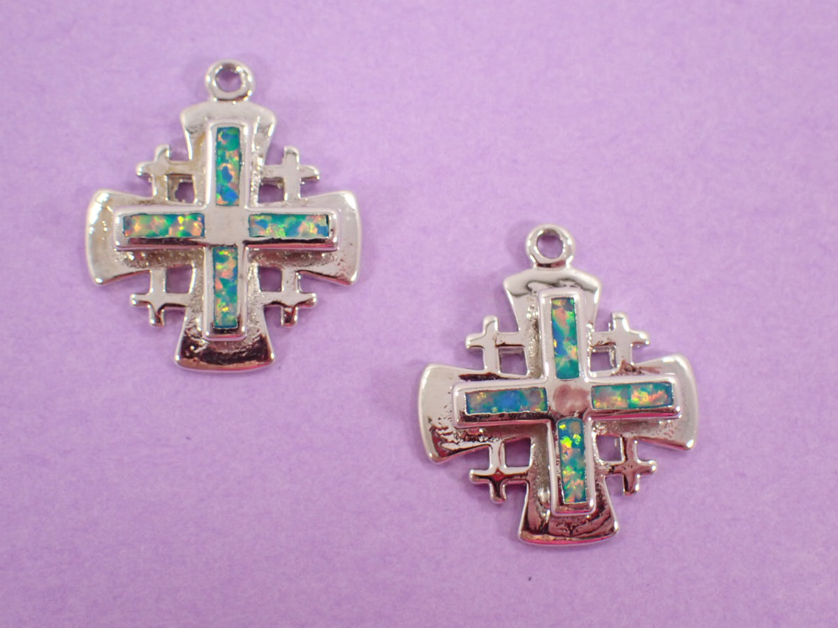 Silver Cross Charm with Opal-Like Inlay