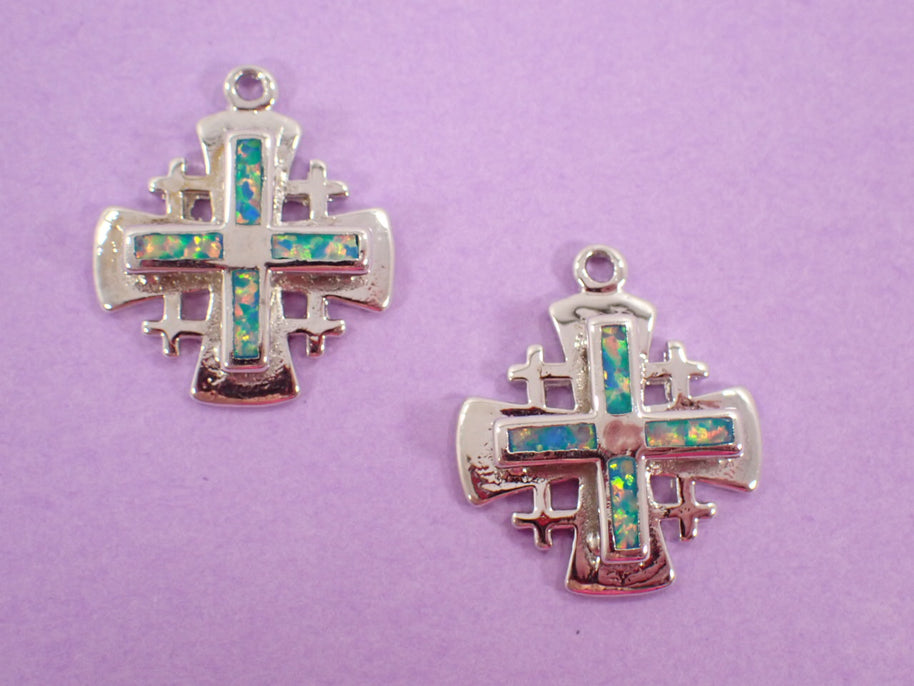 Silver Cross Charm with Opal-Like Inlay