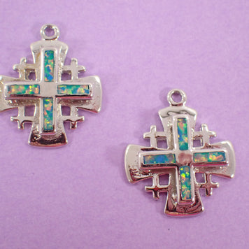 Silver Cross Charm with Opal-Like Inlay
