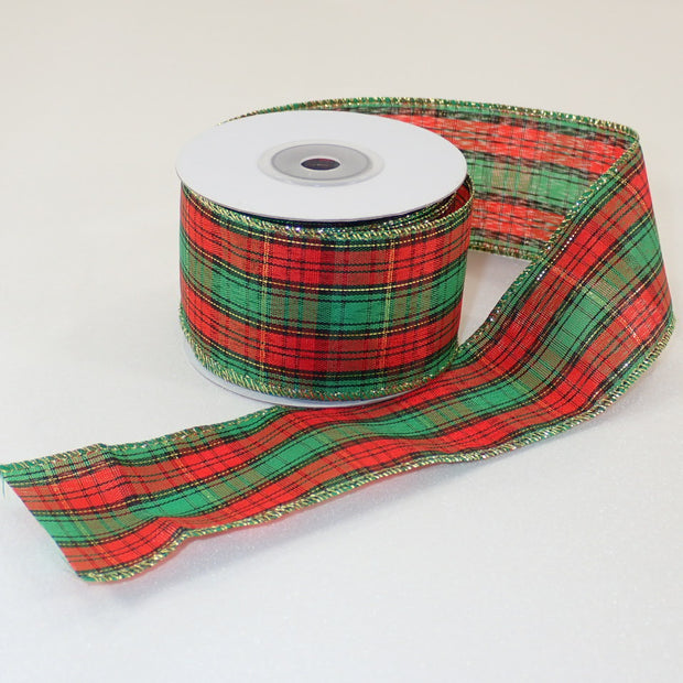 Plaid Wired Ribbon with 1 Large Green Stripes - 2.0"