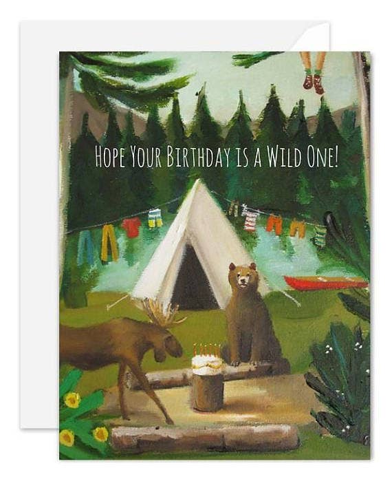 Artisan made, birthday greeting card with a forest scene, tent, bear, and moose with a birthday cake.