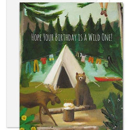 Artisan made, birthday greeting card with a forest scene, tent, bear, and moose with a birthday cake.