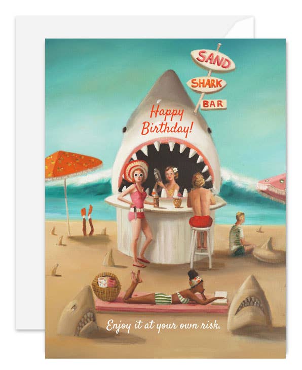 Artisan made birthday greeting card with a shark bar on a beach, featuring people and shark-themed decor.