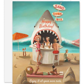 Artisan made birthday greeting card with a shark bar on a beach, featuring people and shark-themed decor.